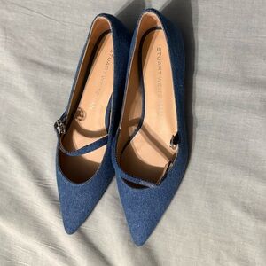 Stuart Weitzman Emilia Denim Blue Pointed-Toe Mary Jane Flats